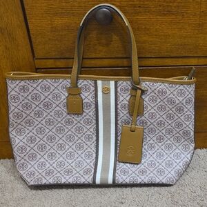 Tory Burch Tan and Cream Logo Canvas Tote